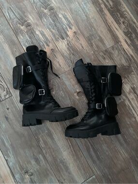 Women's Black Tactical Lace-Up Platform Combat Boots with Removable Pouches